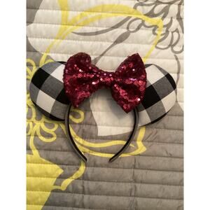 Handmade Disney Minnie Mouse Black White Buffalo Plaid Pattern Purple Sequin Ear